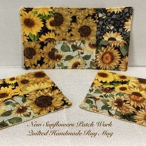 NEW SUNFLOWERS HONEYBEE PATCHWORK QUILTED HANDMADE RU MUG COASTER SET